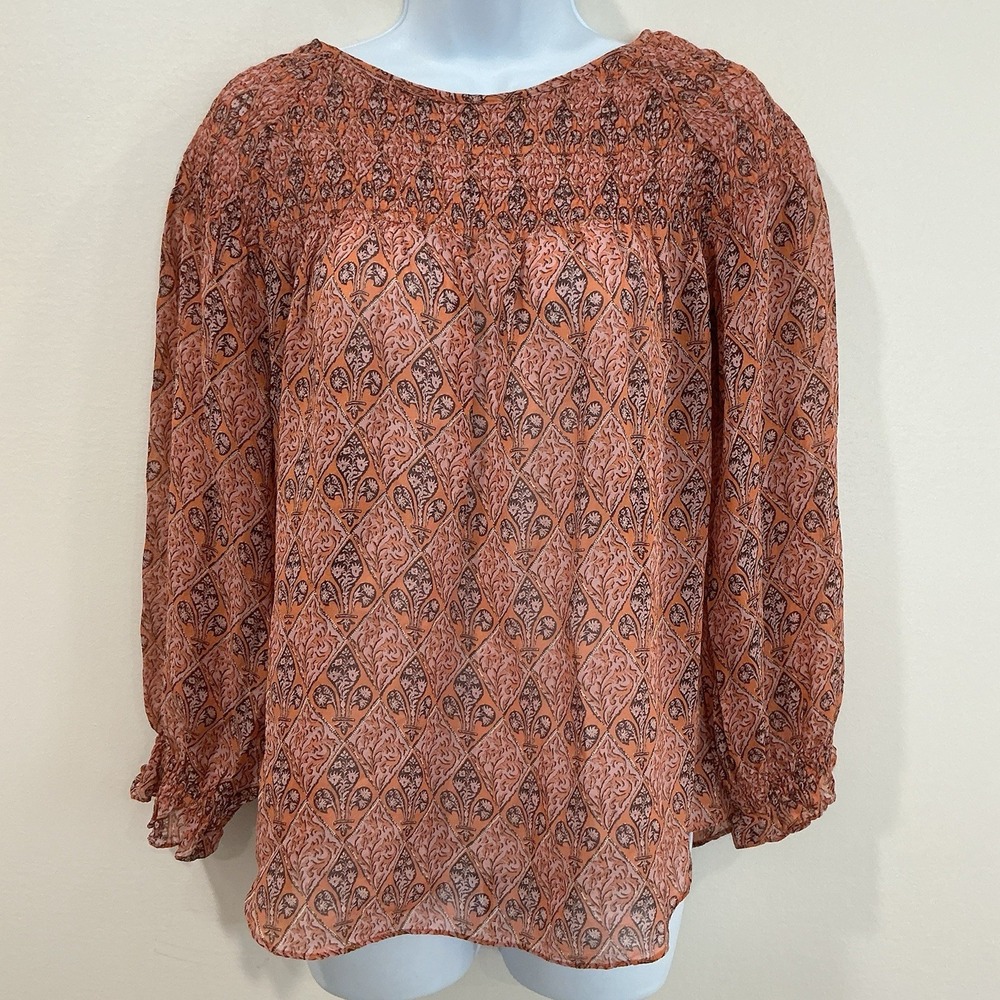 Sundance Catalog Top Womens Small 100% Silk Blouse BOHO Peasant Semi Sheer